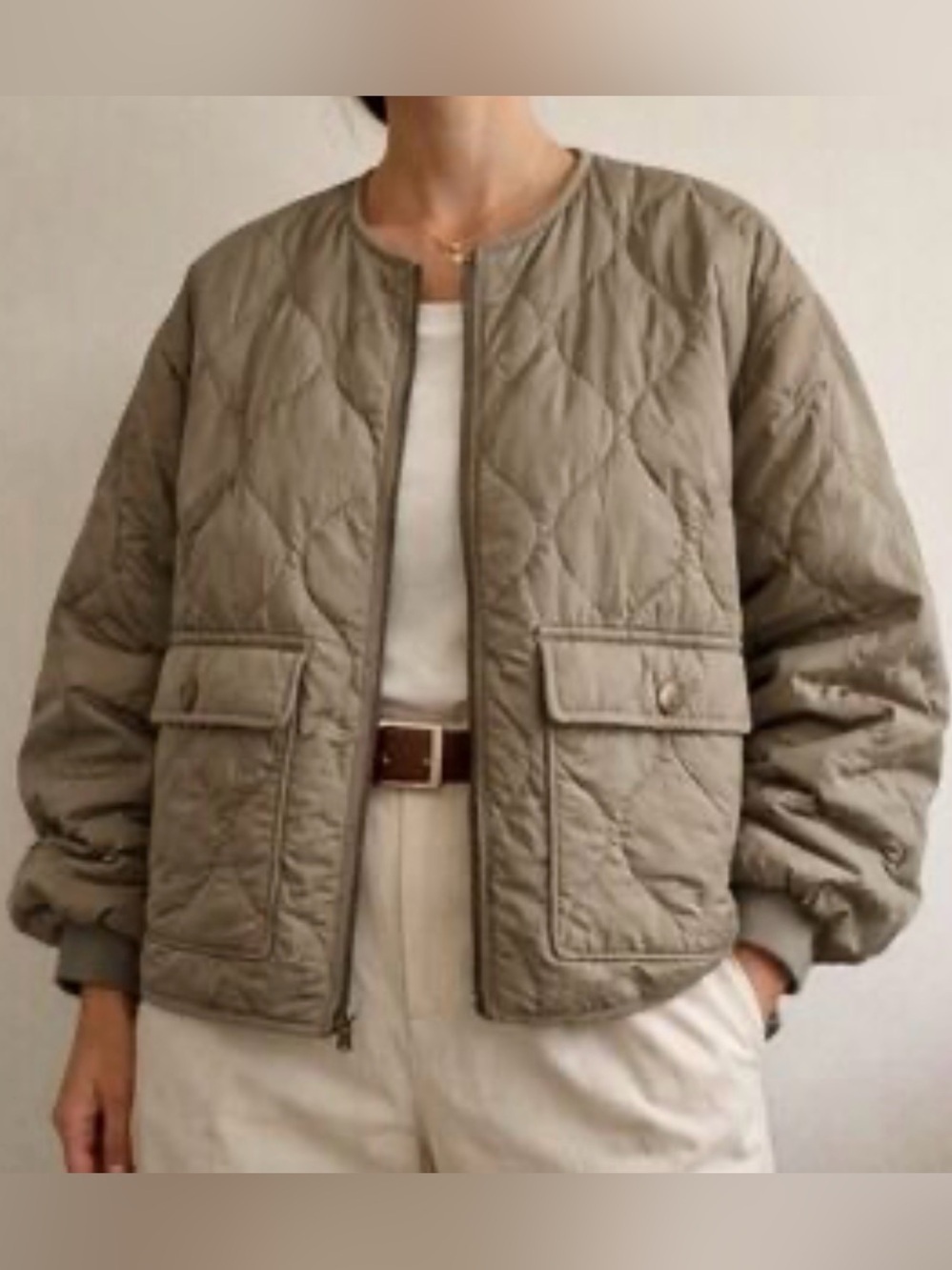 JOIE Women's Large Olive Green Quilted Bomber Jacket Pockets Nylon Lg L